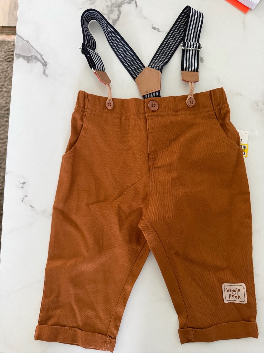 Disney Rust Brown Overalls with Black & White Striped Suspenders
